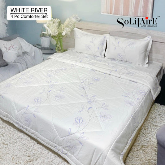 ✨ Solitaire White River King Size Comforter Set – 4 Pc | 100% Cotton | Reversible AC Quilt + Bedsheet + Pillow Covers