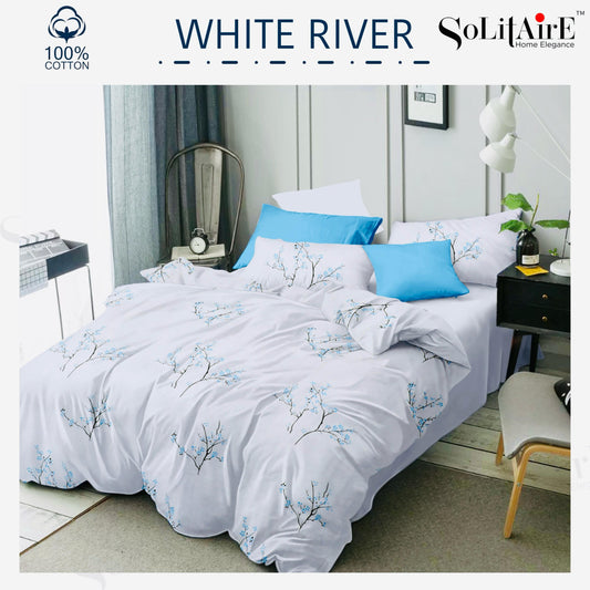 ✨ Solitaire White River King Size Bedsheet Set – 100% Organic Cotton | Jointless | 3 Pc (1 Bedsheet + 2 Pillow Covers)