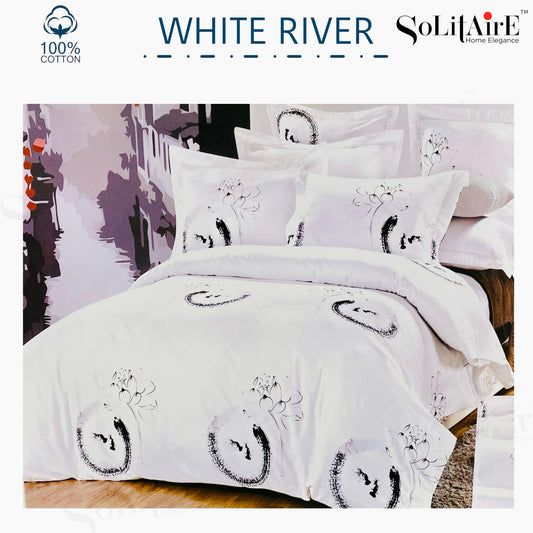 ✨ Solitaire White River King Size Bedsheet Set – 100% Organic Cotton | Jointless | 3 Pc (1 Bedsheet + 2 Pillow Covers)