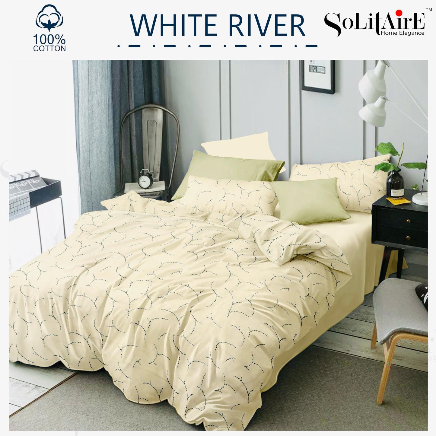 ✨ Solitaire White River King Size Bedsheet Set – 100% Organic Cotton | Jointless | 3 Pc (1 Bedsheet + 2 Pillow Covers)