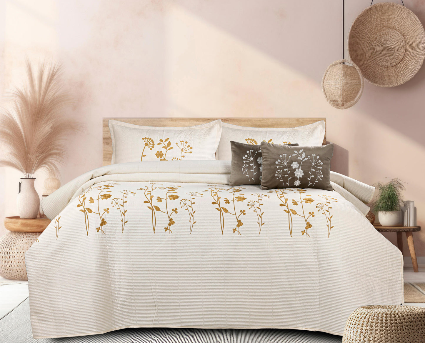 King Size Embroidered Quilted Bedcover Set – 5 Pc | Luxury Bedcover + Pillow Covers + Cushions with Filler