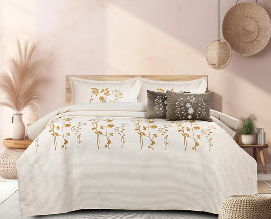 King Size Embroidered Quilted Bedcover Set – 5 Pc | Luxury Bedcover + Pillow Covers + Cushions with Filler
