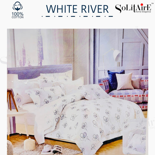 ✨ Solitaire White River King Size Bedsheet Set – 100% Organic Cotton | Jointless | 3 Pc (1 Bedsheet + 2 Pillow Covers)