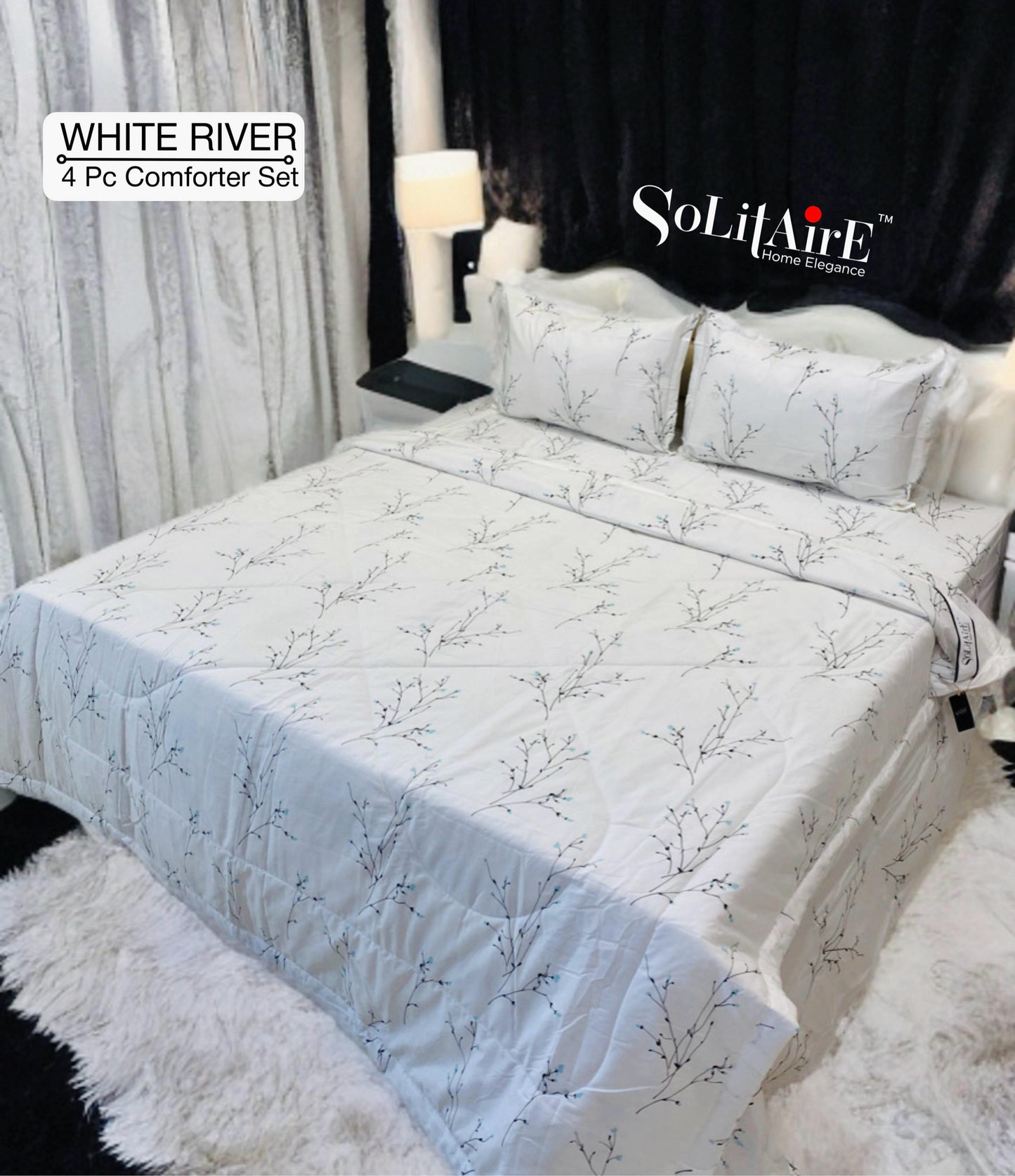 ✨ Solitaire White River King Size Comforter Set – 4 Pc | 100% Cotton | Reversible AC Quilt + Bedsheet + Pillow Covers