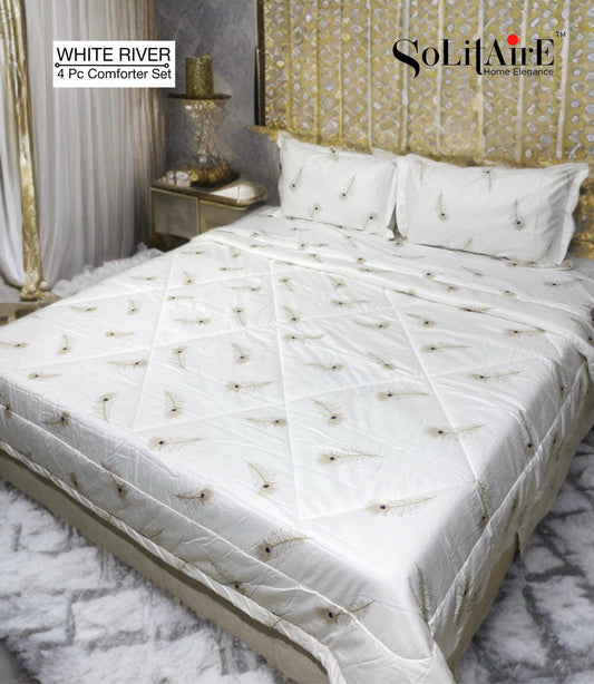 ✨ Solitaire White River King Size Comforter Set – 4 Pc | 100% Cotton | Reversible AC Quilt + Bedsheet + Pillow Covers
