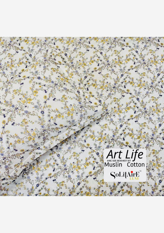 🌿 Art-Life 100% Organic Muslin Cotton King Size Bedsheet Set