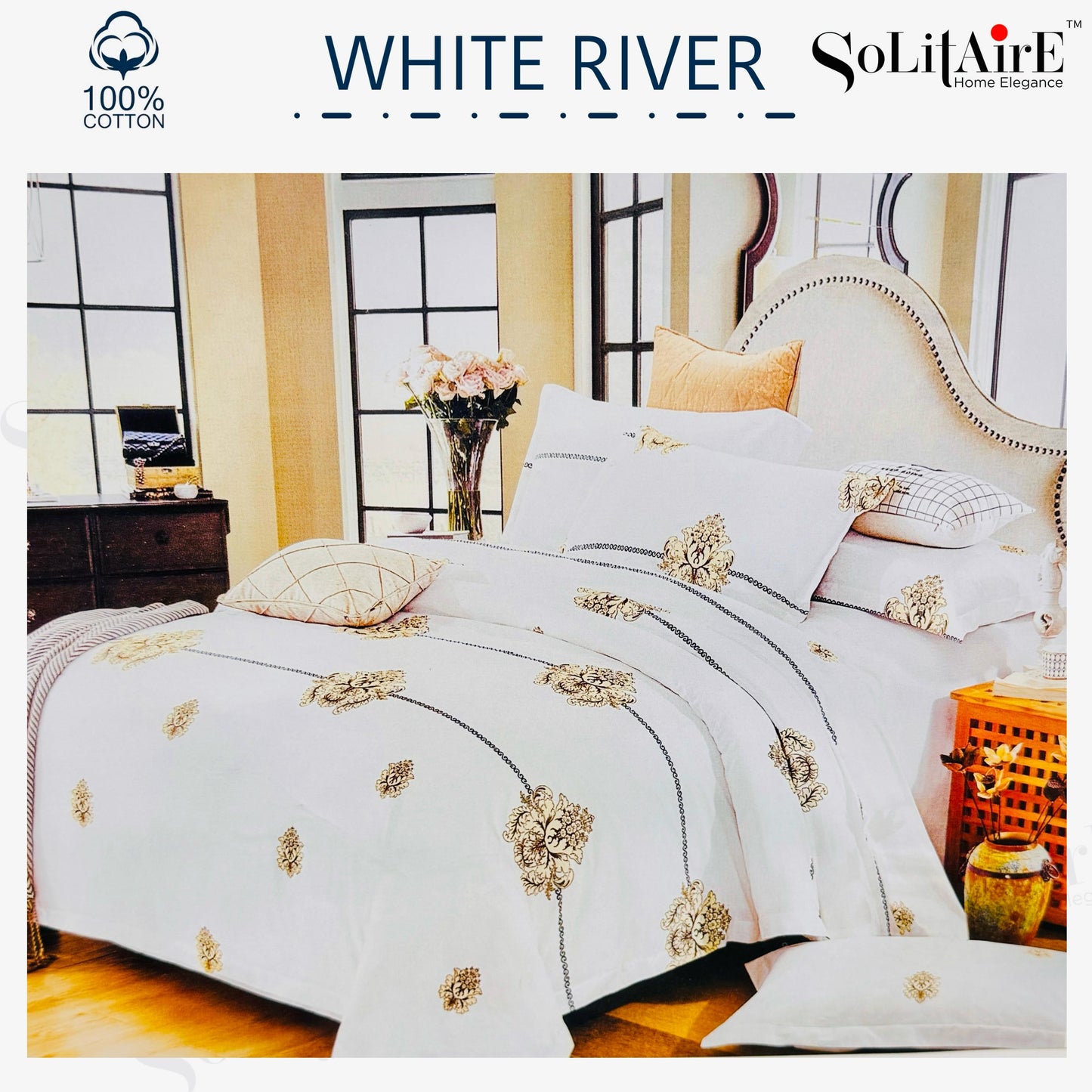 ✨ Solitaire White River King Size Bedsheet Set – 100% Organic Cotton | Jointless | 3 Pc (1 Bedsheet + 2 Pillow Covers)