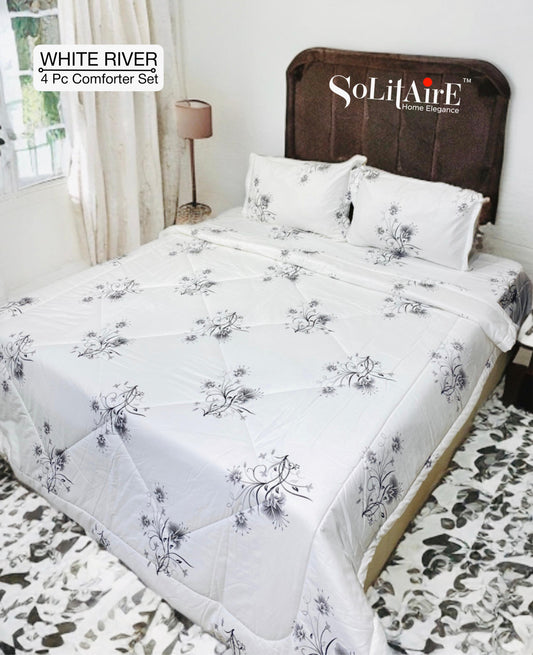 ✨ Solitaire White River King Size Comforter Set – 4 Pc | 100% Cotton | Reversible AC Quilt + Bedsheet + Pillow Covers
