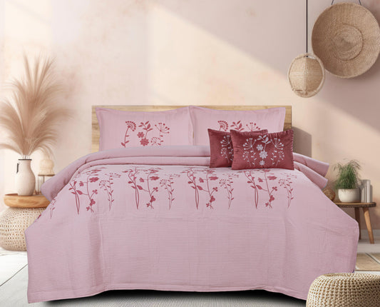 King Size Embroidered Quilted Bedcover Set – 5 Pc | Luxury Bedcover + Pillow Covers + Cushions with Filler