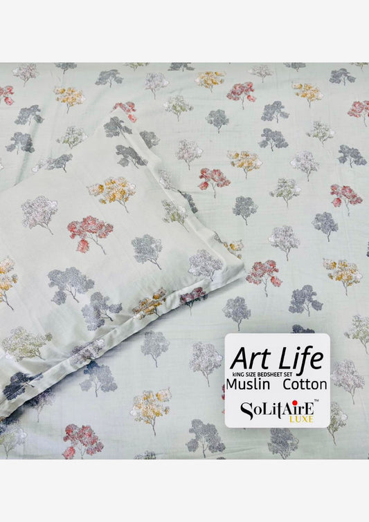 🌿 Art-Life 100% Organic Muslin Cotton King Size Bedsheet Set