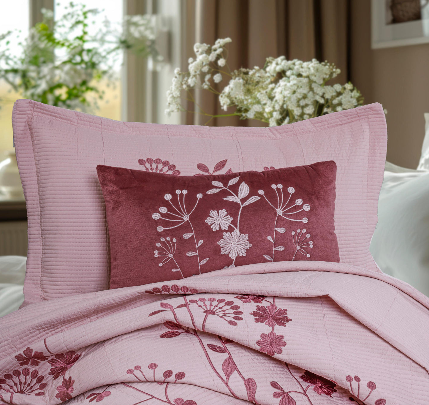 King Size Embroidered Quilted Bedcover Set – 5 Pc | Luxury Bedcover + Pillow Covers + Cushions with Filler