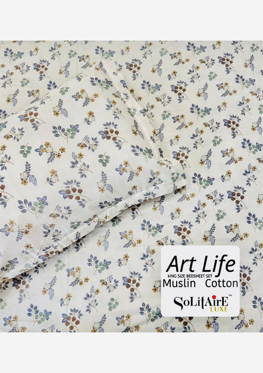 🌿 Art-Life 100% Organic Muslin Cotton King Size Bedsheet Set