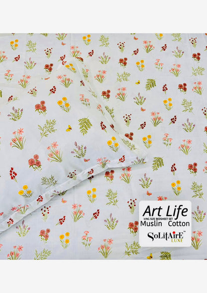 🌿 Art-Life 100% Organic Muslin Cotton King Size Bedsheet Set