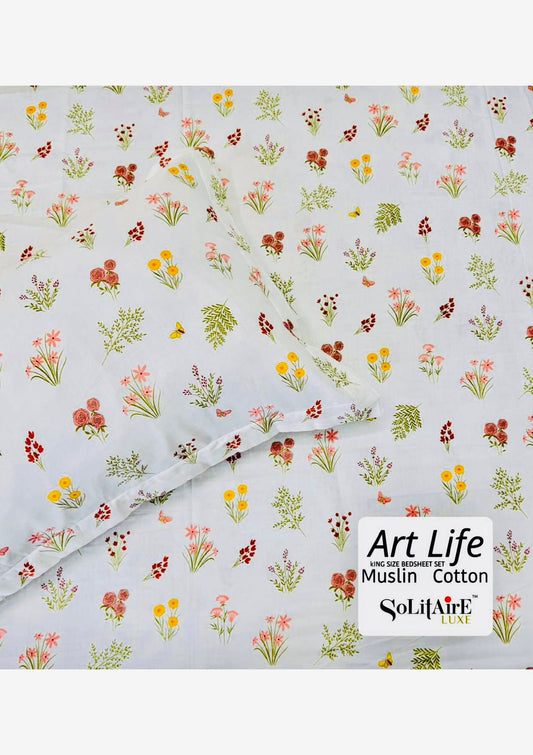 🌿 Art-Life 100% Organic Muslin Cotton King Size Bedsheet Set