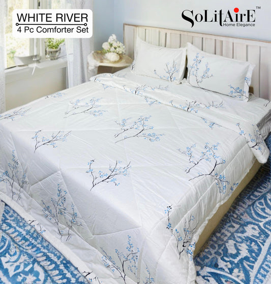 ✨ Solitaire White River King Size Comforter Set – 4 Pc | 100% Cotton | Reversible AC Quilt + Bedsheet + Pillow Covers