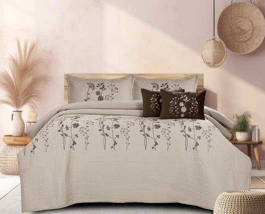 King Size Embroidered Quilted Bedcover Set – 5 Pc | Luxury Bedcover + Pillow Covers + Cushions with Filler