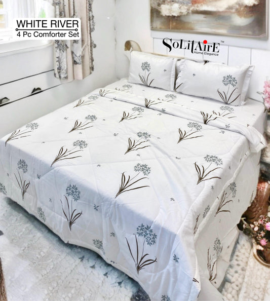 ✨ Solitaire White River King Size Comforter Set – 4 Pc | 100% Cotton | Reversible AC Quilt + Bedsheet + Pillow Covers