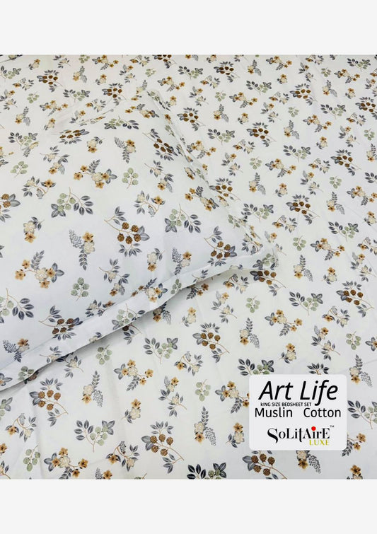 🌿 Art-Life 100% Organic Muslin Cotton King Size Bedsheet Set