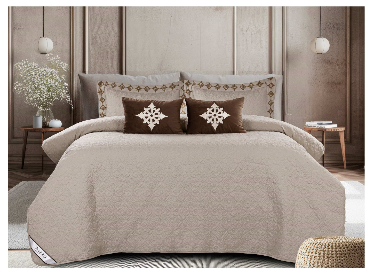 King Size Embroidered Quilted Bedcover Set – 5 Pc | Luxury Bedcover + Pillow Covers + Cushions with Filler