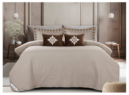 King Size Embroidered Quilted Bedcover Set – 5 Pc | Luxury Bedcover + Pillow Covers + Cushions with Filler