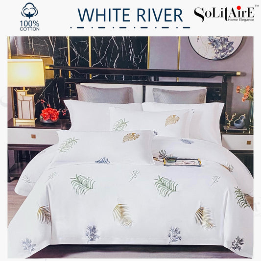 ✨ Solitaire White River King Size Bedsheet Set – 100% Organic Cotton | Jointless | 3 Pc (1 Bedsheet + 2 Pillow Covers)