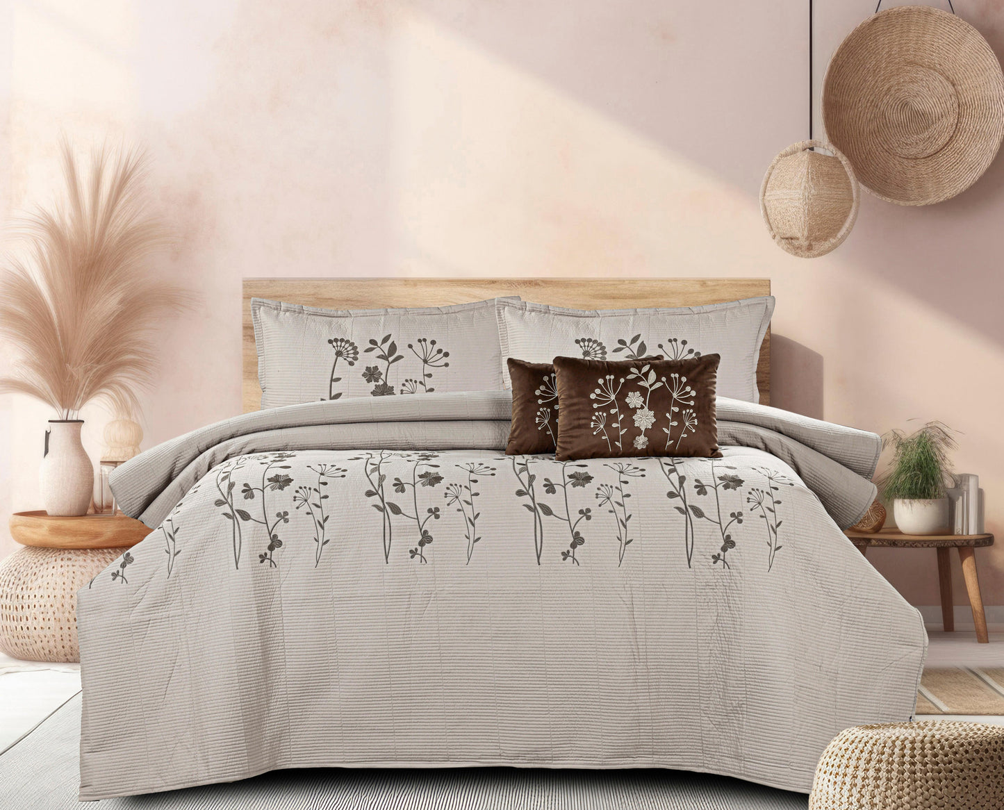 King Size Embroidered Quilted Bedcover Set – 5 Pc | Luxury Bedcover + Pillow Covers + Cushions with Filler
