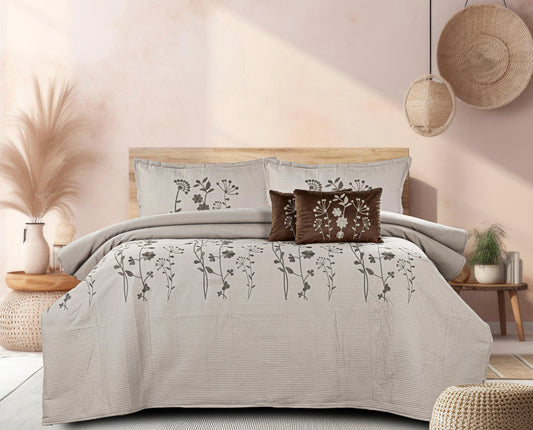 King Size Embroidered Quilted Bedcover Set – 5 Pc | Luxury Bedcover + Pillow Covers + Cushions with Filler