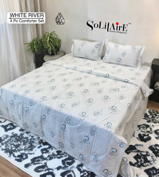 ✨ Solitaire White River King Size Comforter Set – 4 Pc | 100% Cotton | Reversible AC Quilt + Bedsheet + Pillow Covers