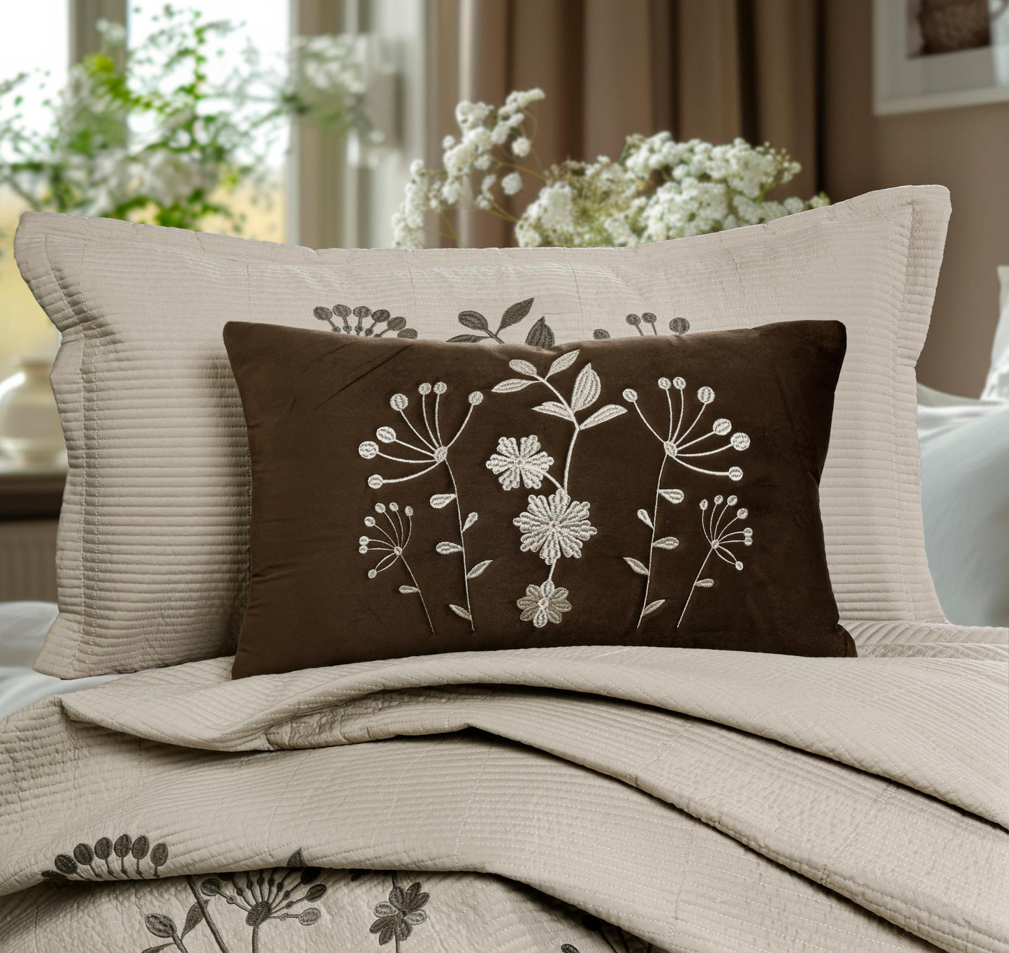 King Size Embroidered Quilted Bedcover Set – 5 Pc | Luxury Bedcover + Pillow Covers + Cushions with Filler