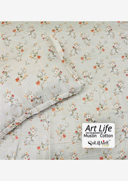 🌿 Art-Life 100% Organic Muslin Cotton King Size Bedsheet Set