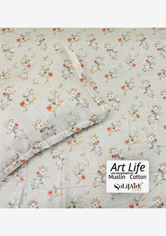 🌿 Art-Life 100% Organic Muslin Cotton King Size Bedsheet Set