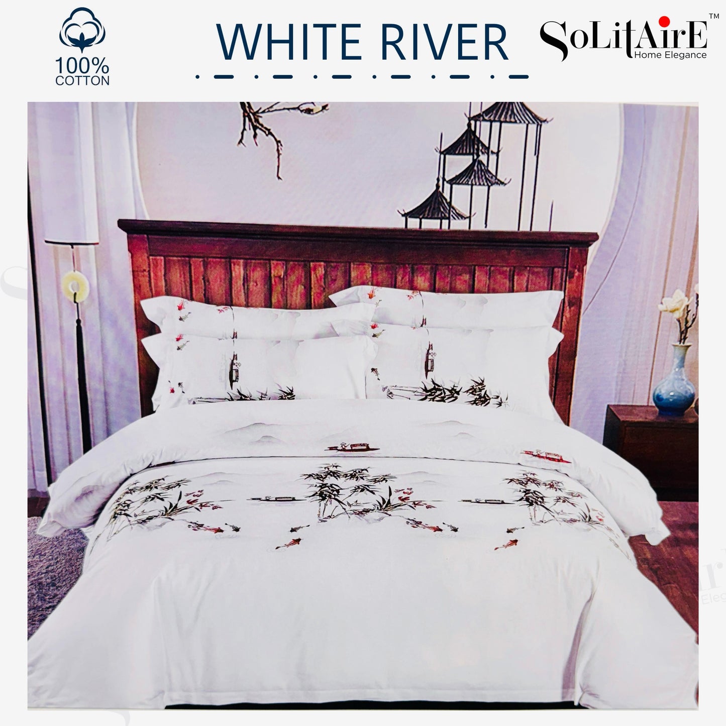 ✨ Solitaire White River King Size Bedsheet Set – 100% Organic Cotton | Jointless | 3 Pc (1 Bedsheet + 2 Pillow Covers)