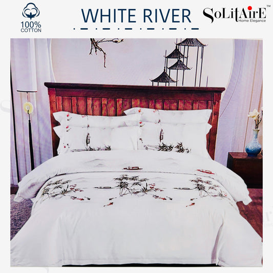 ✨ Solitaire White River King Size Bedsheet Set – 100% Organic Cotton | Jointless | 3 Pc (1 Bedsheet + 2 Pillow Covers)