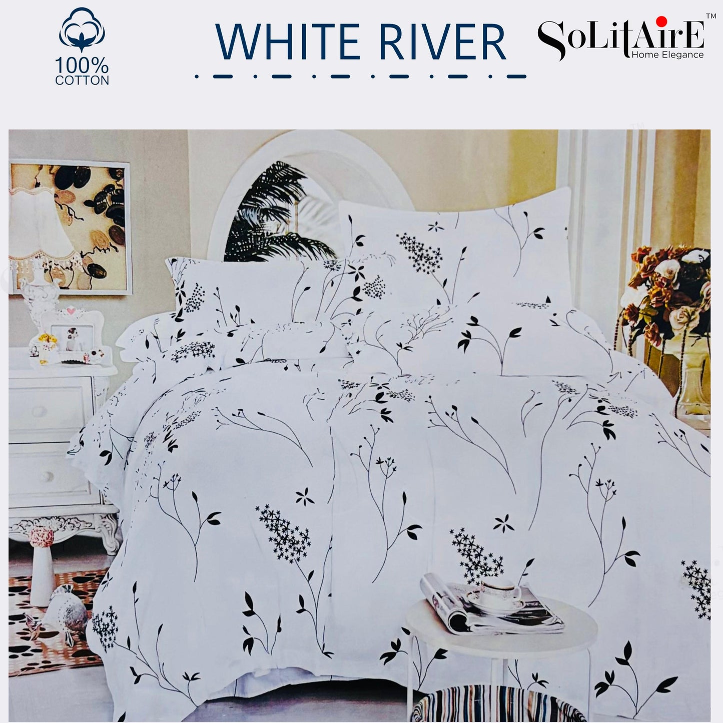 ✨ Solitaire White River King Size Bedsheet Set – 100% Organic Cotton | Jointless | 3 Pc (1 Bedsheet + 2 Pillow Covers)