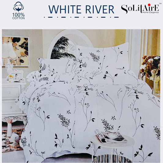 ✨ Solitaire White River King Size Bedsheet Set – 100% Organic Cotton | Jointless | 3 Pc (1 Bedsheet + 2 Pillow Covers)