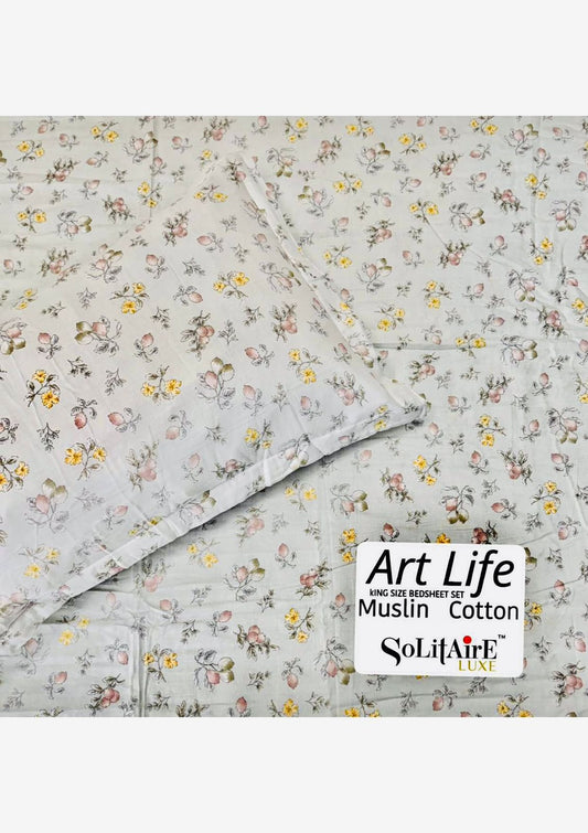 🌿 Art-Life 100% Organic Muslin Cotton King Size Bedsheet Set