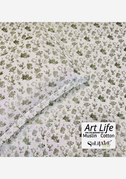 🌿 Art-Life 100% Organic Muslin Cotton King Size Bedsheet Set