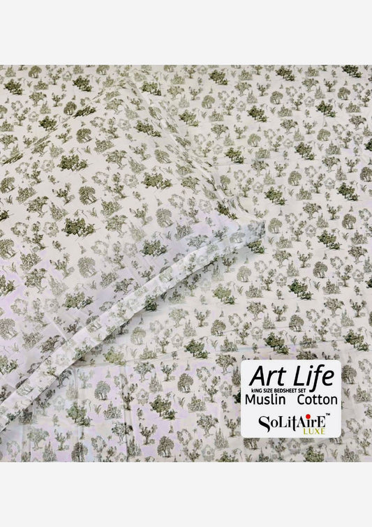 🌿 Art-Life 100% Organic Muslin Cotton King Size Bedsheet Set