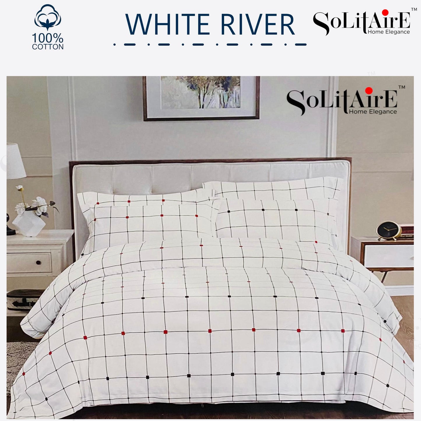 ✨ Solitaire White River King Size Bedsheet Set – 100% Organic Cotton | Jointless | 3 Pc (1 Bedsheet + 2 Pillow Covers)