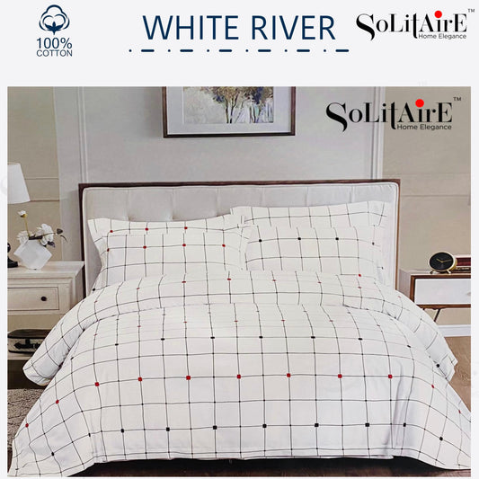 ✨ Solitaire White River King Size Bedsheet Set – 100% Organic Cotton | Jointless | 3 Pc (1 Bedsheet + 2 Pillow Covers)