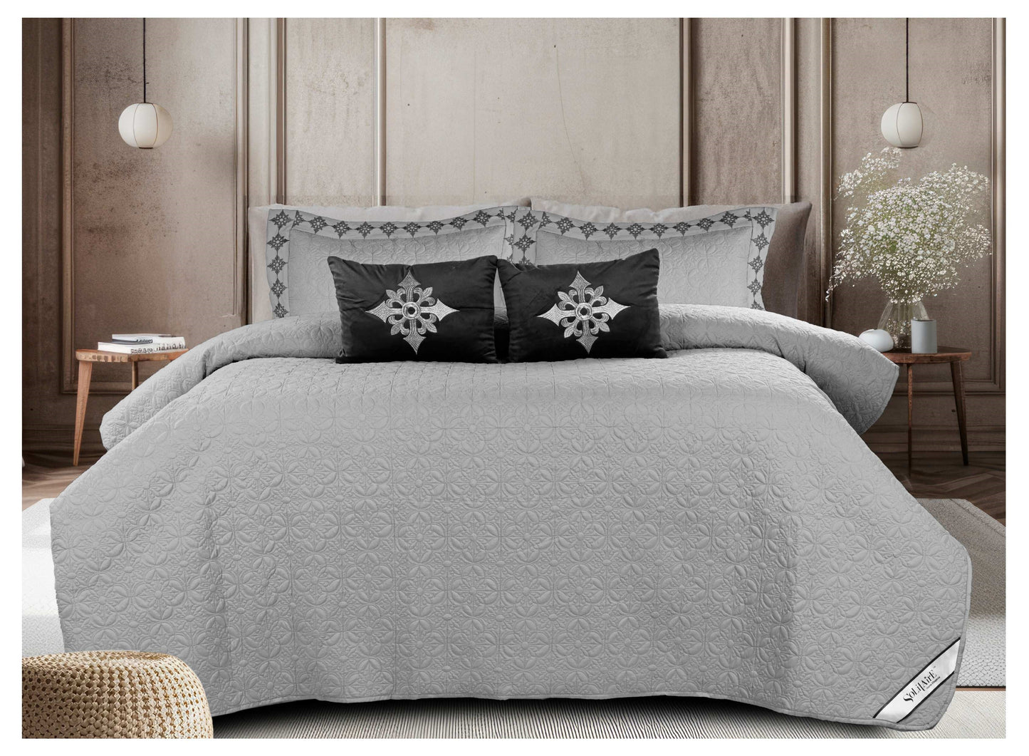 King Size Embroidered Quilted Bedcover Set – 5 Pc | Luxury Bedcover + Pillow Covers + Cushions with Filler