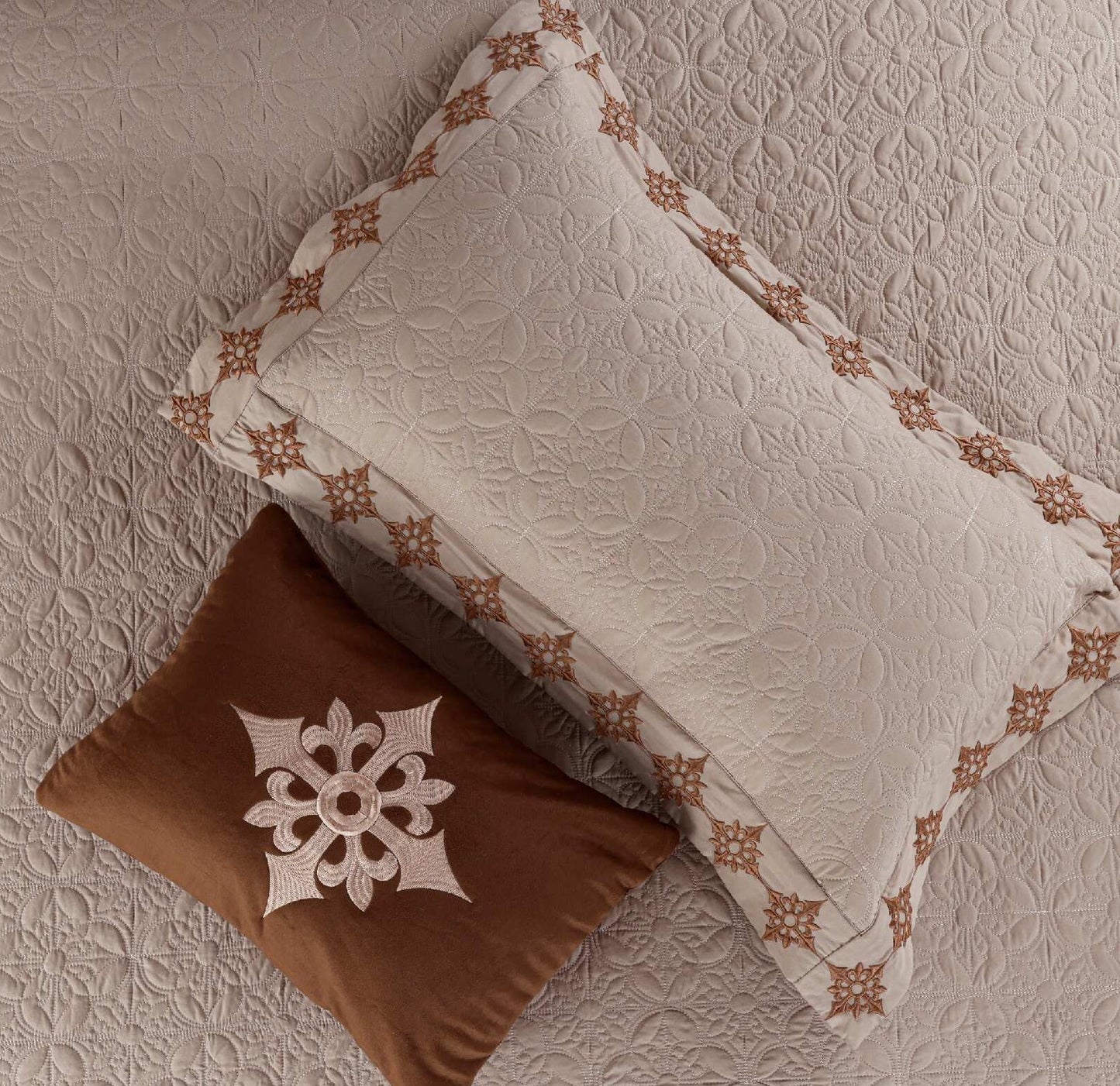 King Size Embroidered Quilted Bedcover Set – 5 Pc | Luxury Bedcover + Pillow Covers + Cushions with Filler