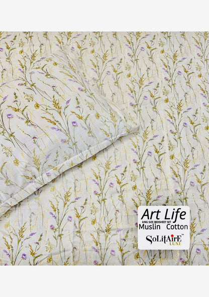 🌿 Art-Life 100% Organic Muslin Cotton King Size Bedsheet Set