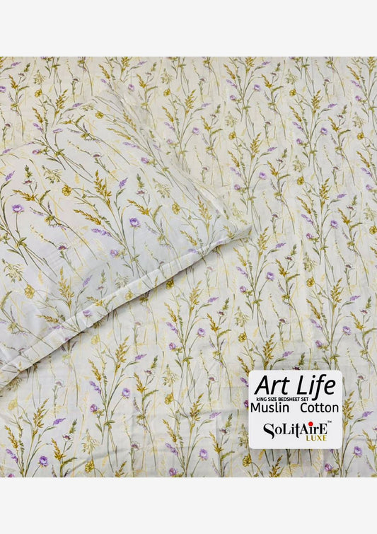 🌿 Art-Life 100% Organic Muslin Cotton King Size Bedsheet Set