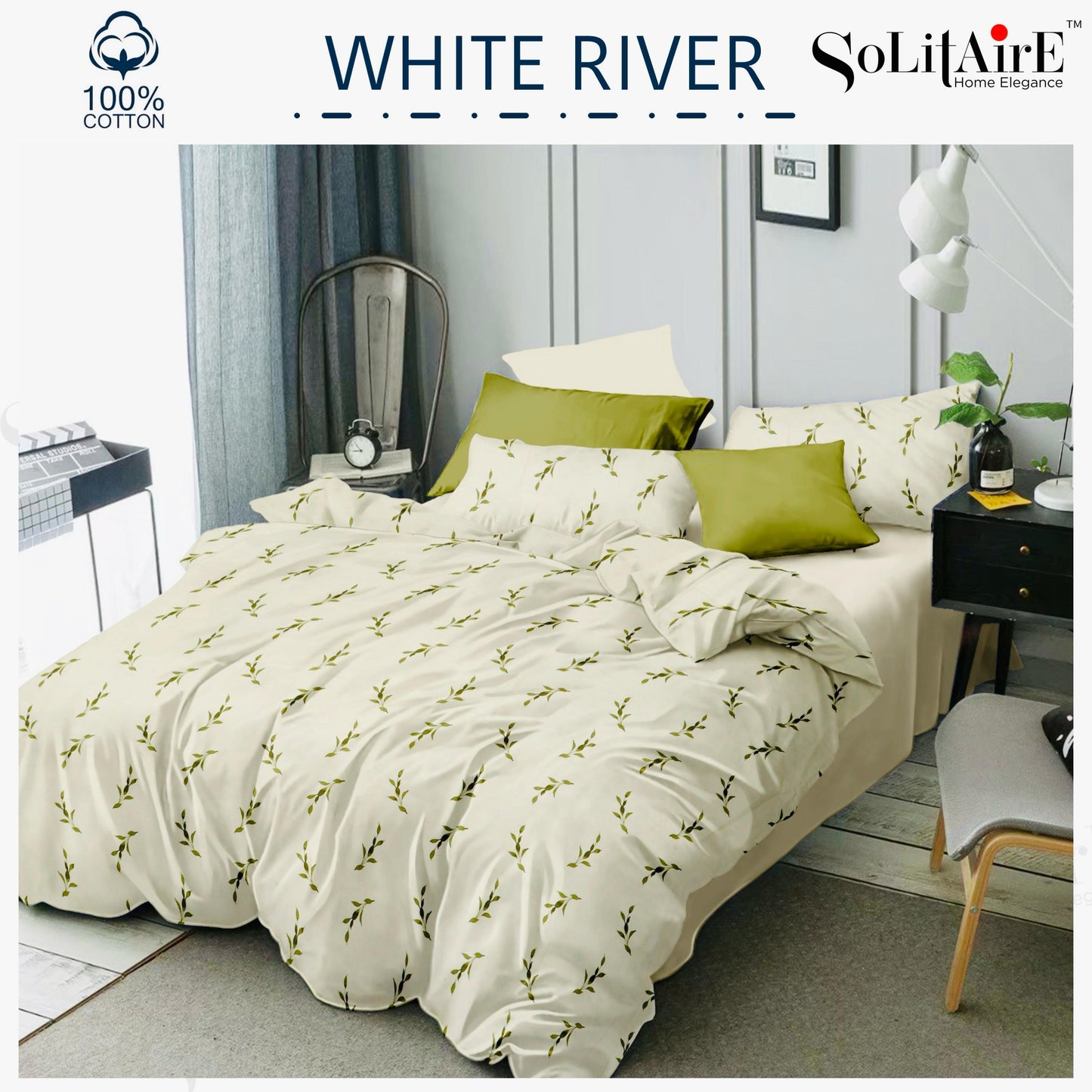 ✨ Solitaire White River King Size Bedsheet Set – 100% Organic Cotton | Jointless | 3 Pc (1 Bedsheet + 2 Pillow Covers)
