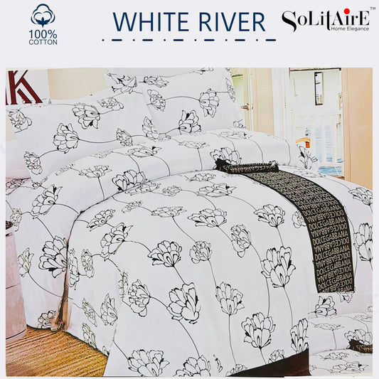 ✨ Solitaire White River King Size Bedsheet Set – 100% Organic Cotton | Jointless | 3 Pc (1 Bedsheet + 2 Pillow Covers)