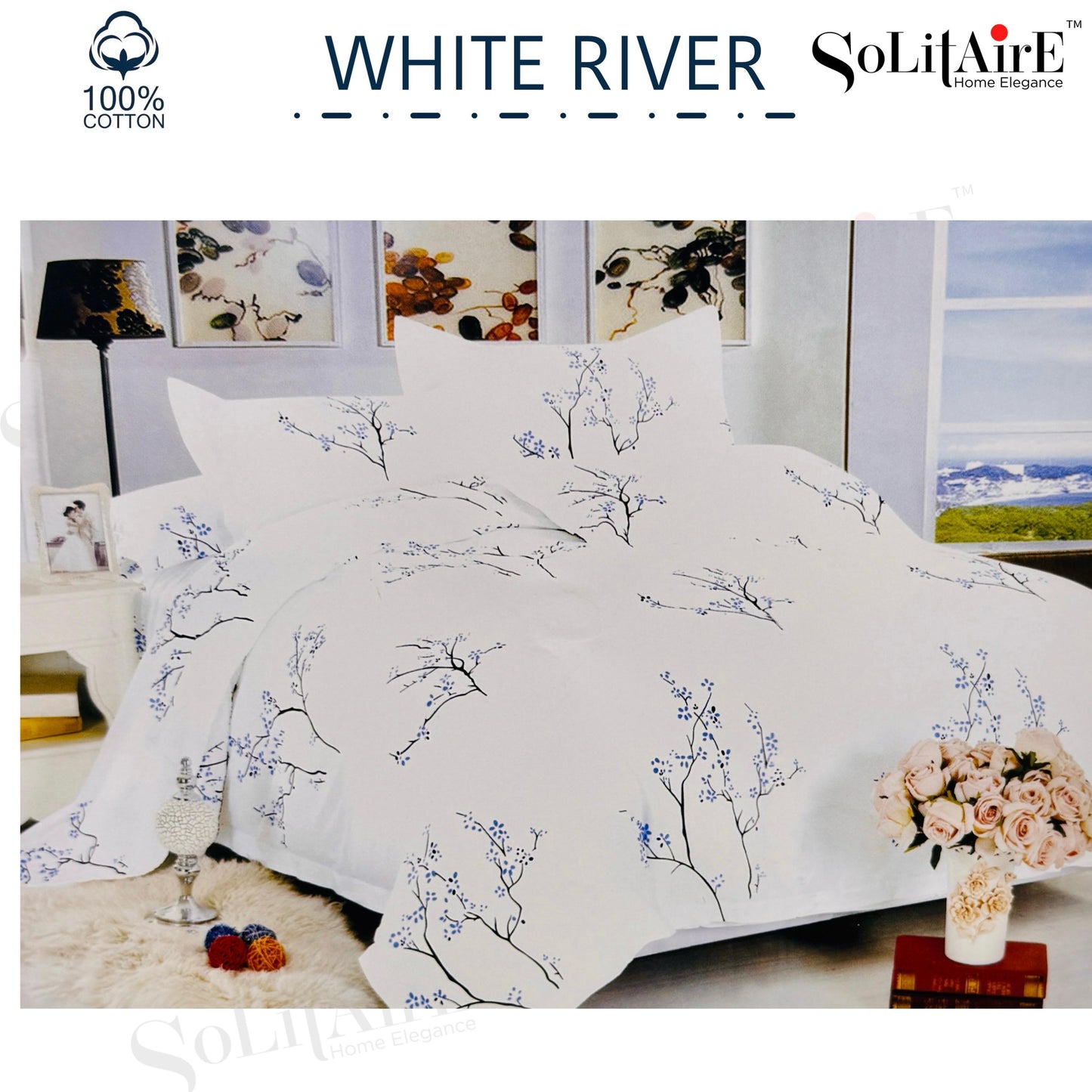 ✨ Solitaire White River King Size Bedsheet Set – 100% Organic Cotton | Jointless | 3 Pc (1 Bedsheet + 2 Pillow Covers)