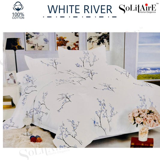 ✨ Solitaire White River King Size Bedsheet Set – 100% Organic Cotton | Jointless | 3 Pc (1 Bedsheet + 2 Pillow Covers)
