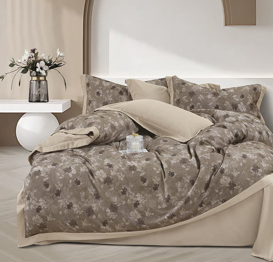 Solitaire Coffee Floral King Size Bedsheet Set – 100% Organic Cotton | Luxury Skin-Friendly Bedding