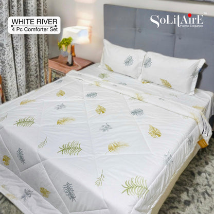 ✨ Solitaire White River King Size Comforter Set – 4 Pc | 100% Cotton | Reversible AC Quilt + Bedsheet + Pillow Covers